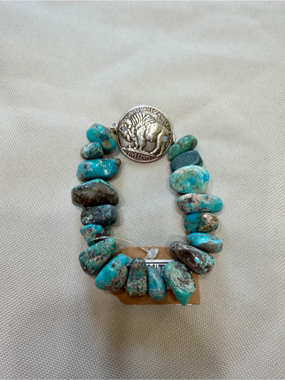 Western Turquoise Rock-Nugget Buffalo Coin Stretch Bracelet